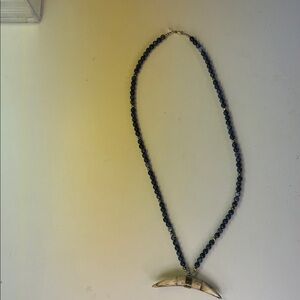 Blueish Gray Beaded Necklace with Horn Pendant